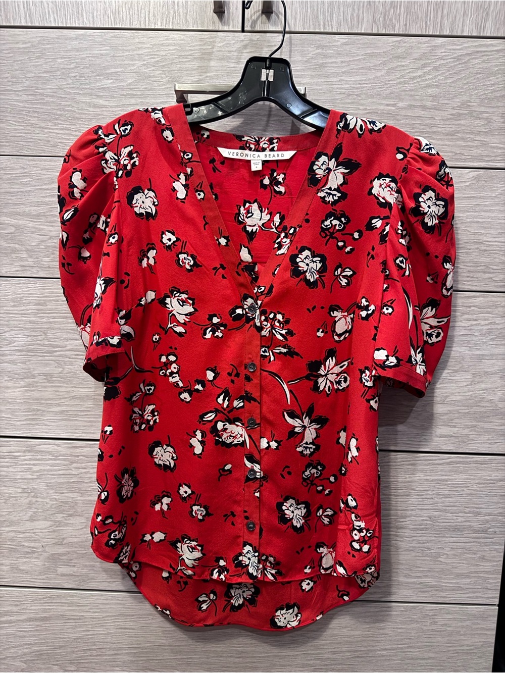Veronica Beard Red Floral Puff-Sleeve Button Blouse